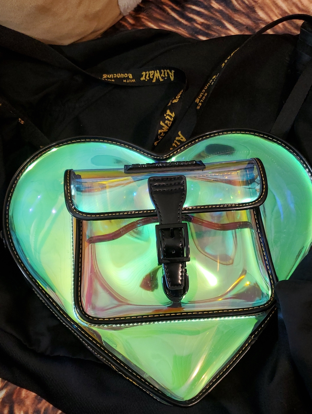 Doc Martin Holographic Green Heart Crossbody Bag with Black Trim